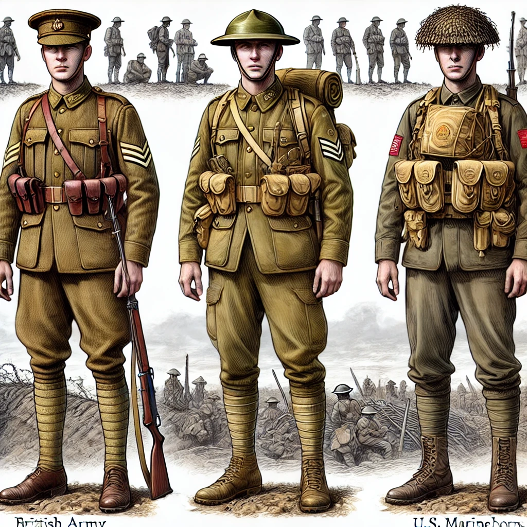 The British Army's khaki service dress, the USMC's red and gold traditions, and the development of airborne units all contributed to today's military uniform designs.