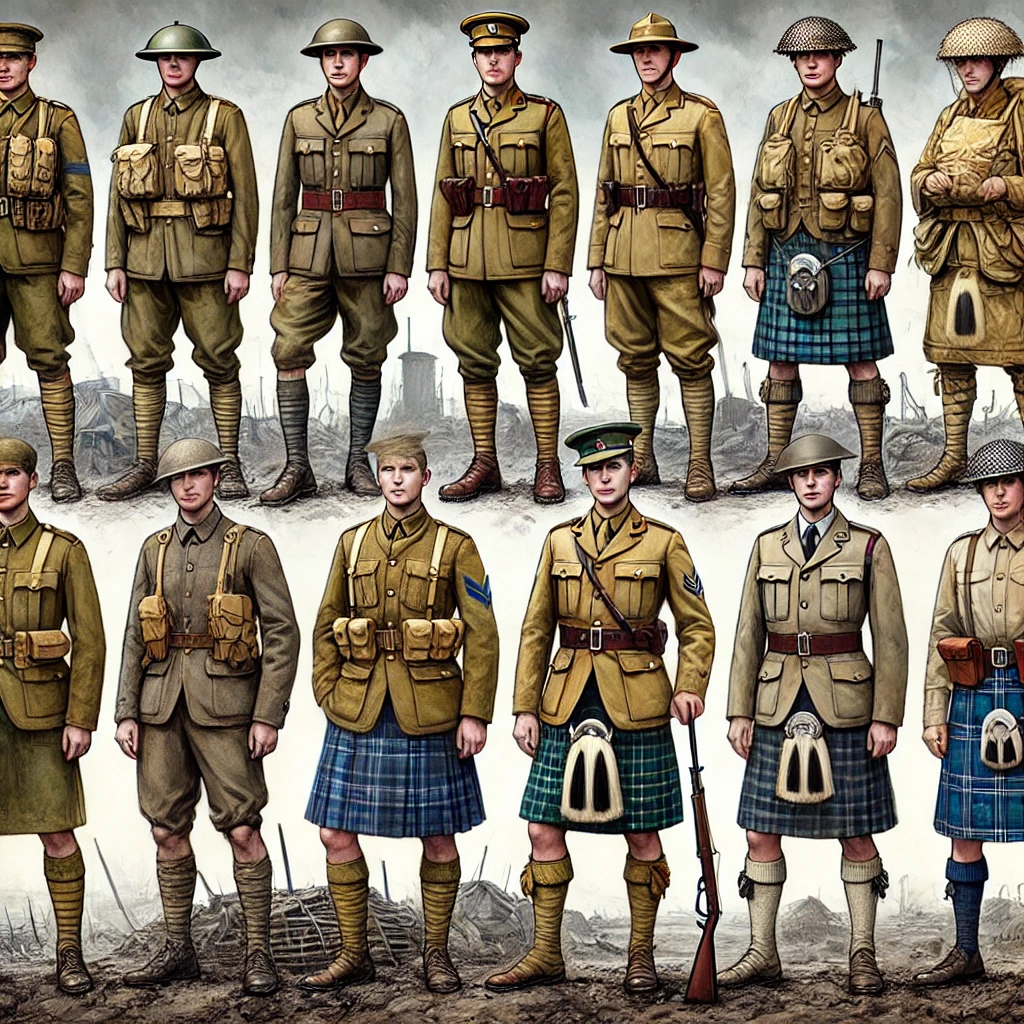 The standard uniform for enlisted men, the Service Dress, was introduced in the early 1900s and remained largely unchanged throughout WWI. Key components included: