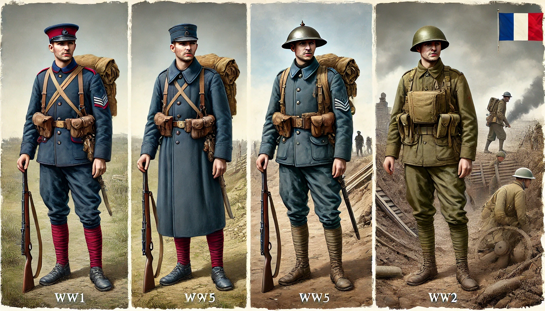 Before World War 1, French soldiers wore uniforms influenced by 19th-century warfare. The “madder red” trousers and dark blue tunics were iconic but impractical for the new battlefield conditions