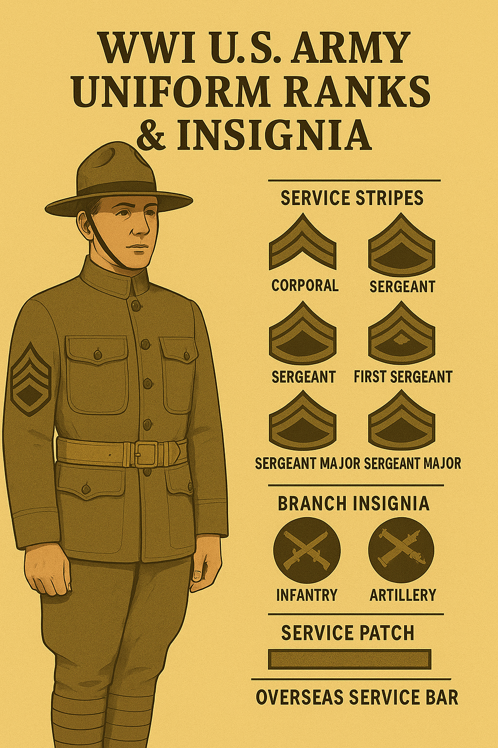 The uniforms worn by U.S. soldiers during World War I are more than just clothing — they’re historical documents in fabric form. Every stripe, chevron, patch, and emblem tells a story about duty, rank, branch, and experience.