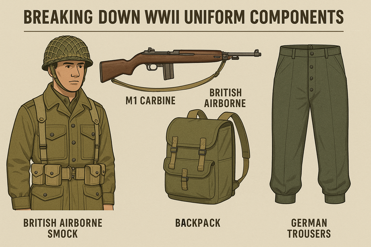 In this article, we’ll examine WWII uniform components, focusing on the iconic gear worn by British airborne troops, their parachute units, and the WWII trousers that helped define a generation of soldiers. 