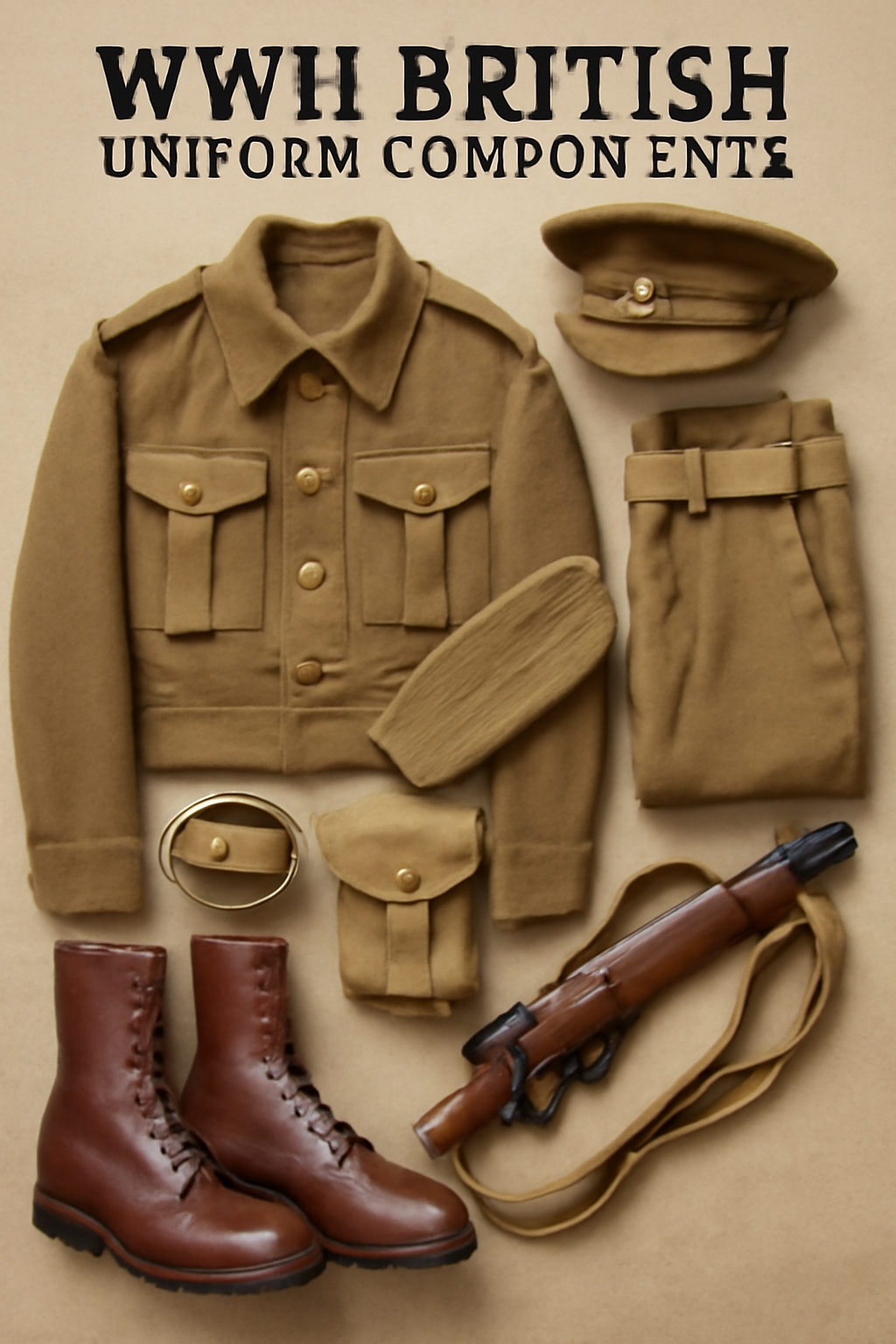 The WWII British uniform components, such as the army coat and wool trousers, are more than just pieces of clothing. 