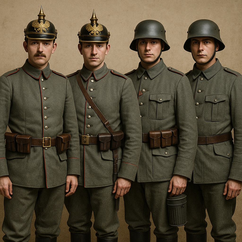 The German WWI uniform tells a transition story—from ornate tradition to battlefield function.