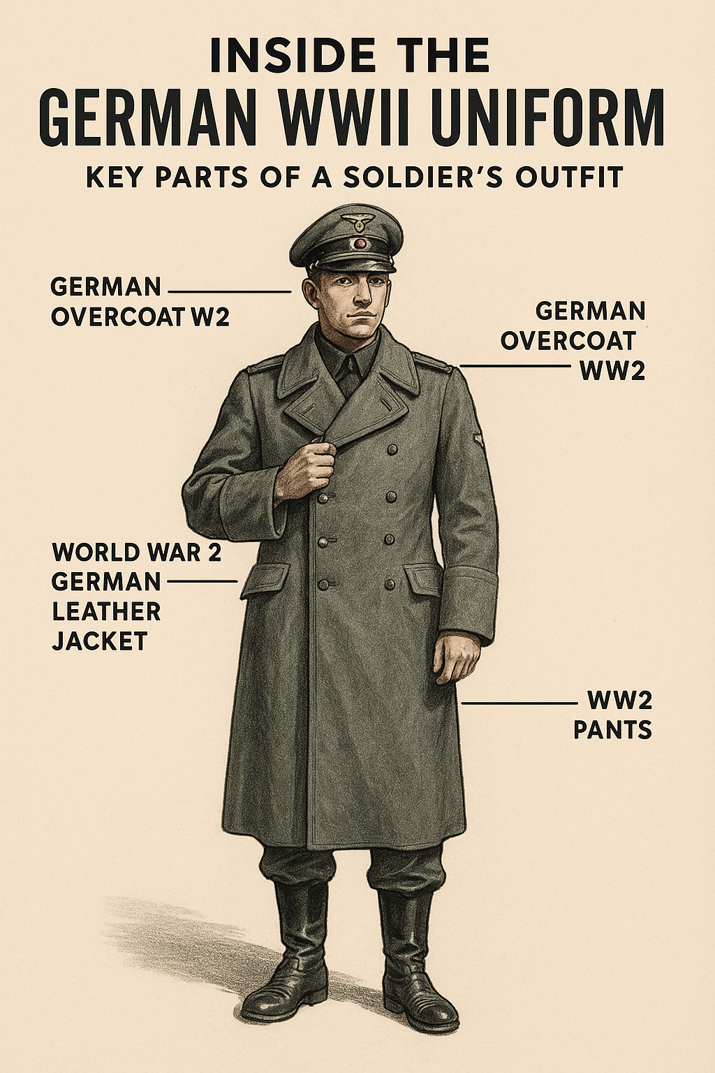Every part of the German uniform tells a story, from the rugged German overcoat of WW2 to the symbolic WW1 officer cap and the stylish leather jackets worn by elite units.