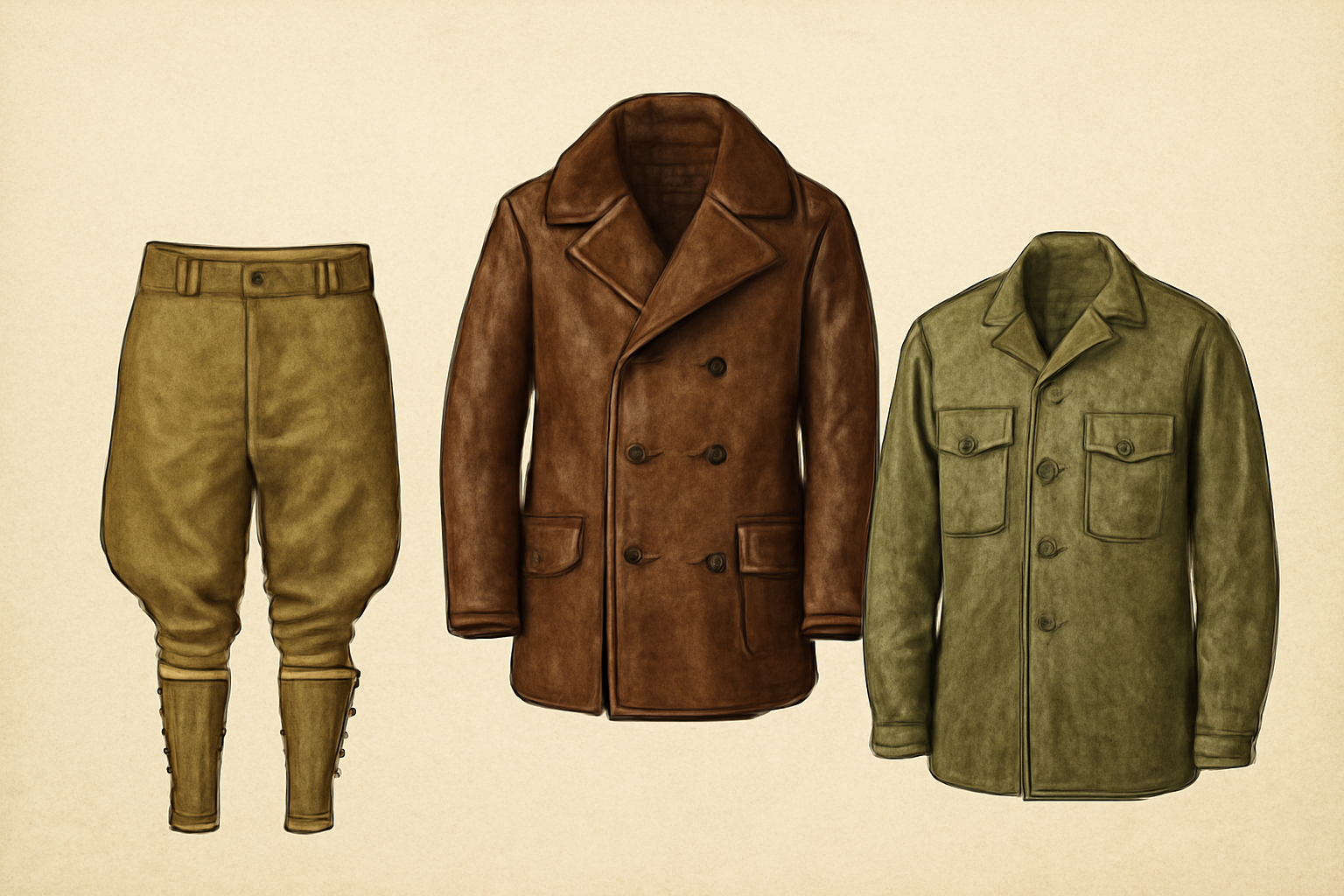 From the WW1 US pants to the WW2 leather coat and the OD green fatigues, the evolution of military uniforms and accessories provides us with a fascinating look into the history of warfare.