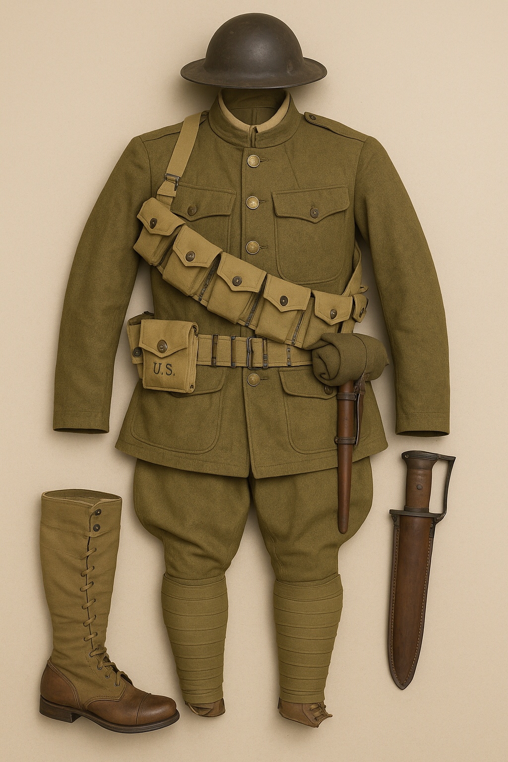 The WWI American uniform parts reflect a transitional moment in military history—where old-world formal wear gave way to modern battlefield functionality.