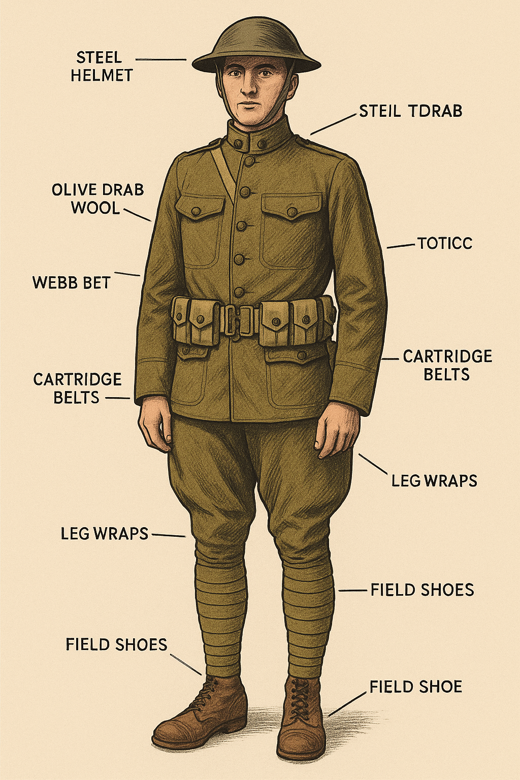 The WWI American uniform parts reflect a transitional moment in military history